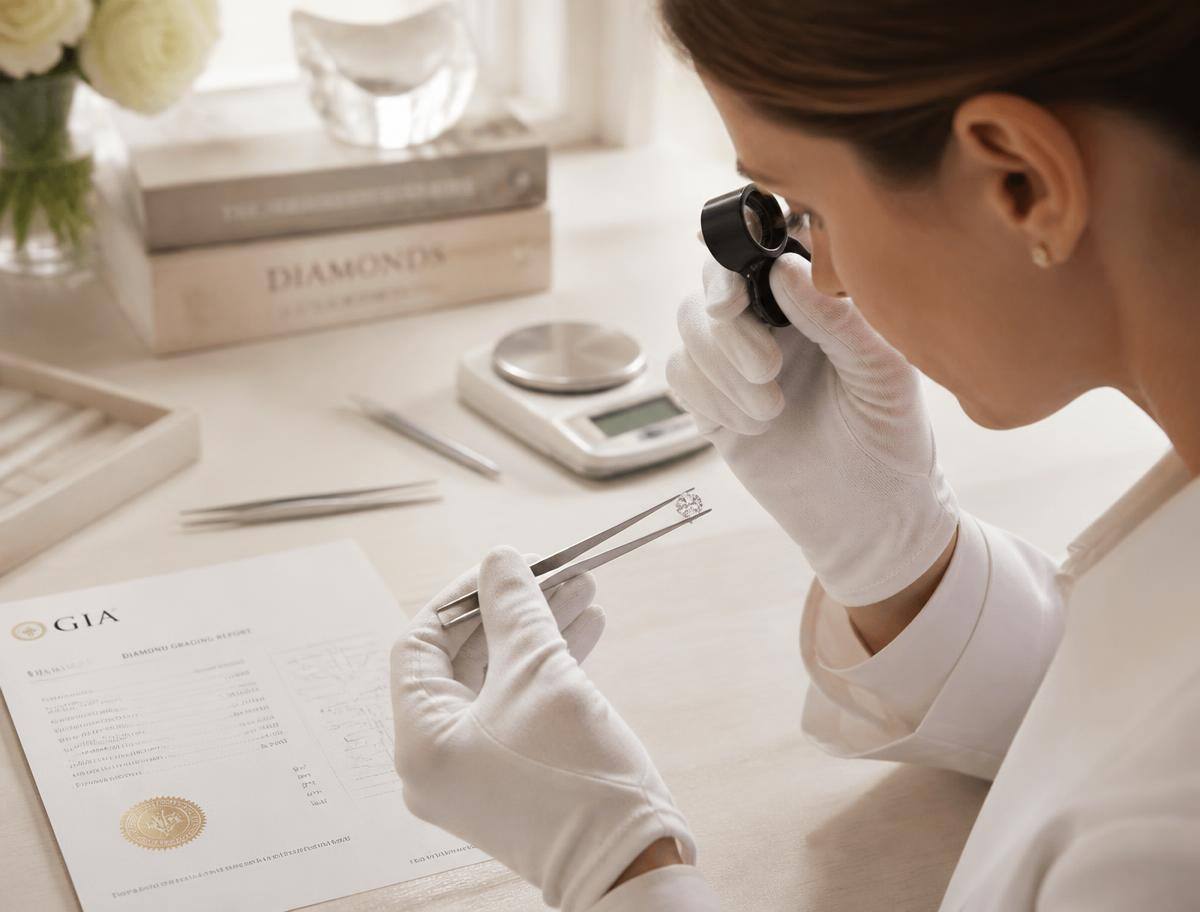 A diamond grading report beside a loose diamond