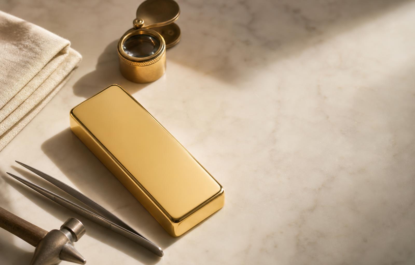 Astrea London hallmarking tools, assay punches and a hallmark reference card on a pale stone surface