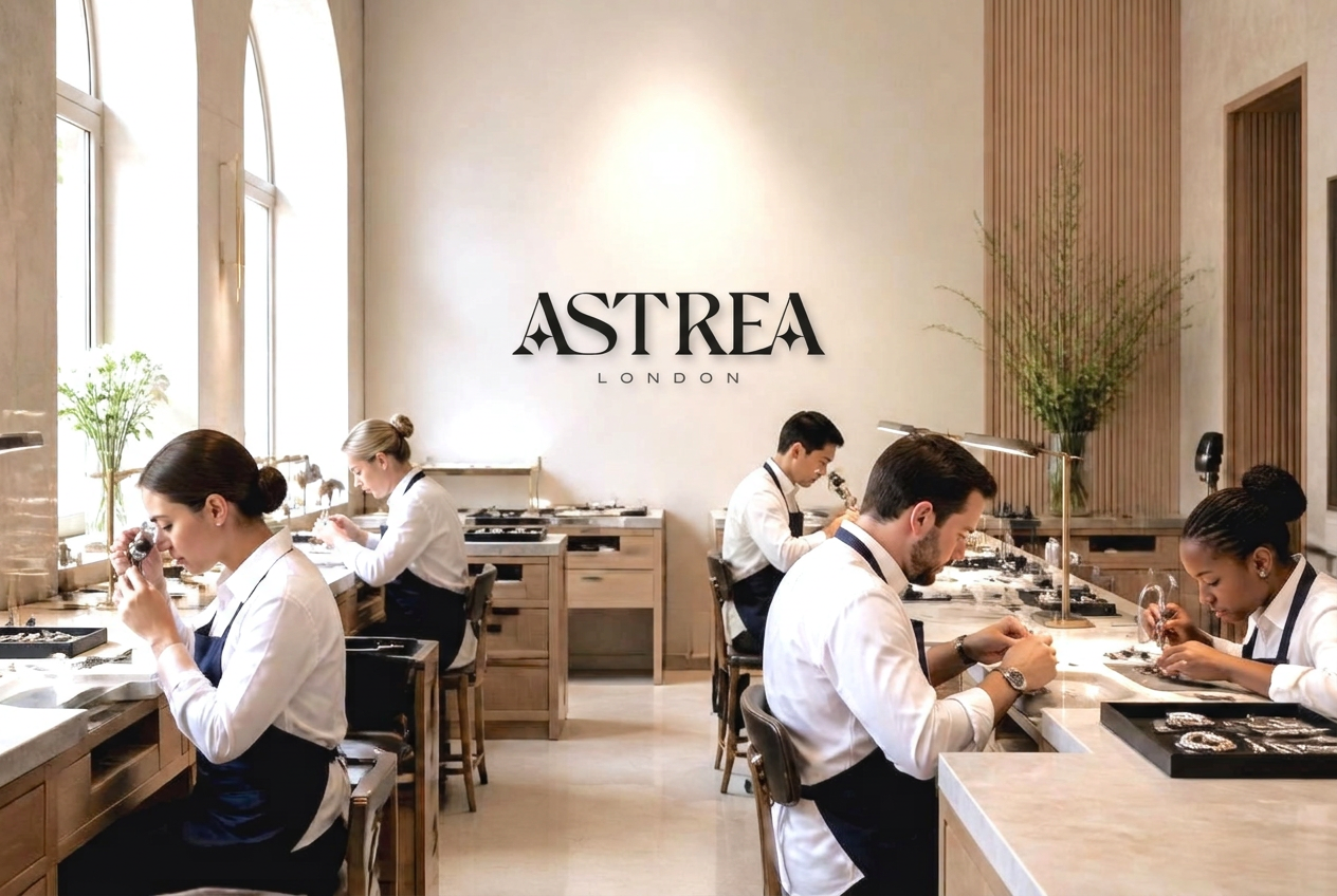 The Astrea London atelier with its wordmark on the wall