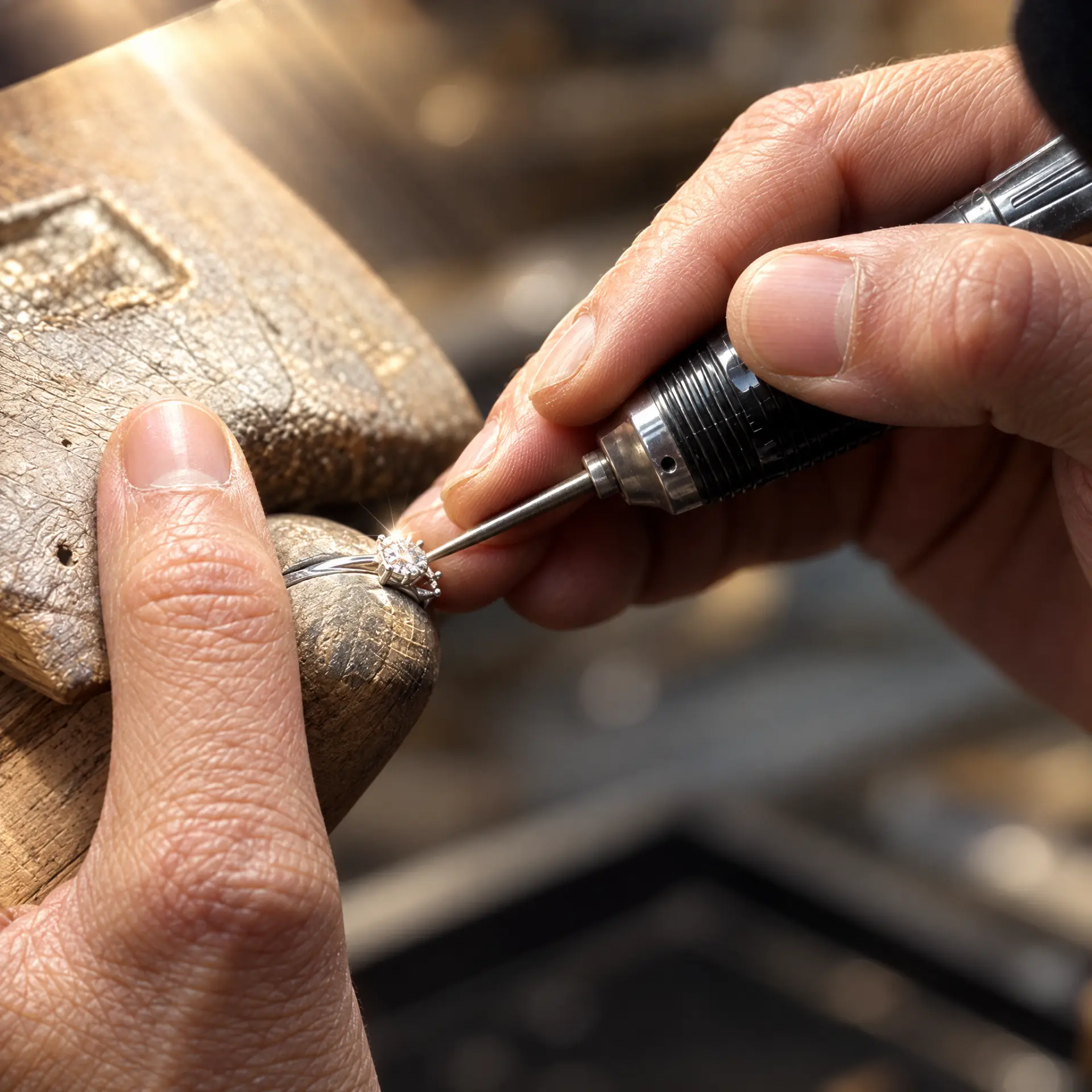 An Astrea London jeweller setting a diamond ring by hand at the atelier bench