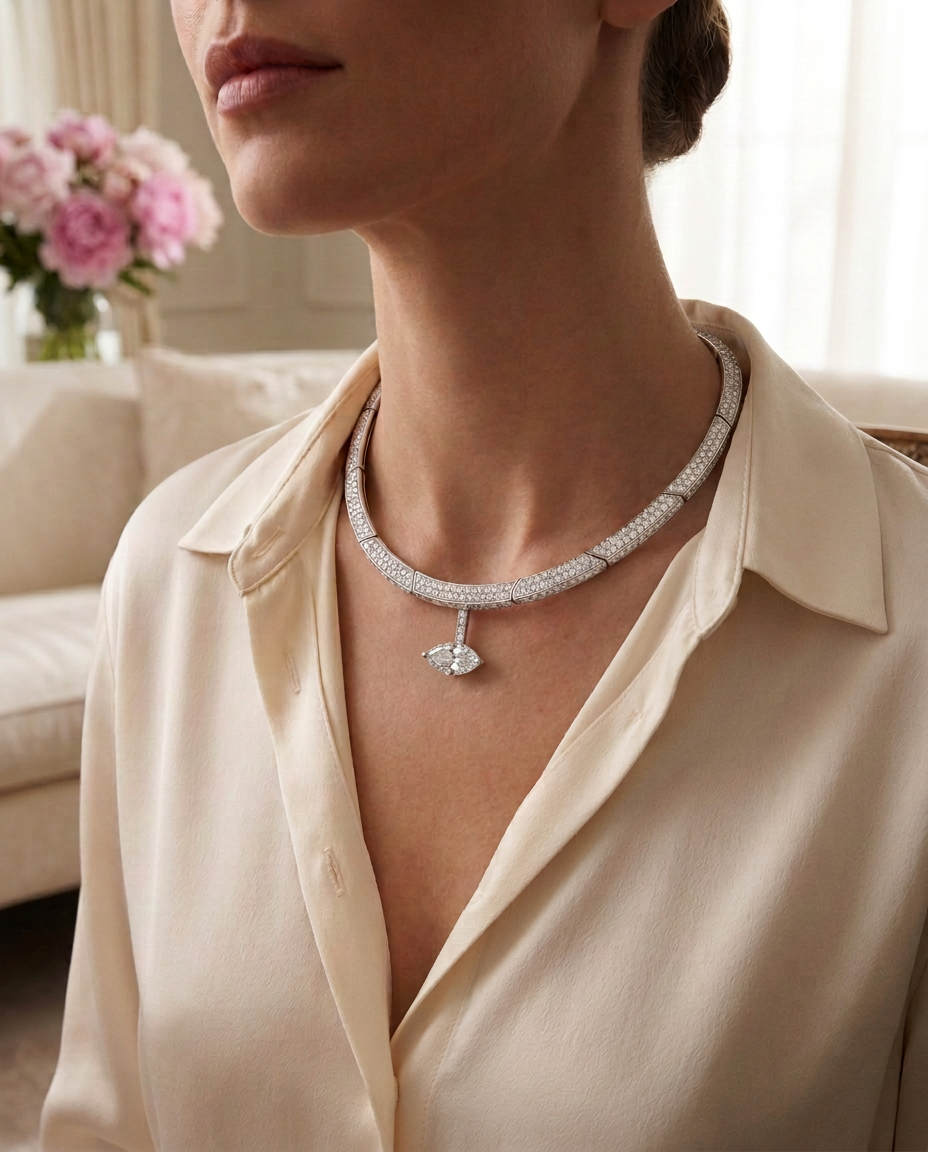 A client wearing an Astrea pavé diamond collar with a marquise drop at home