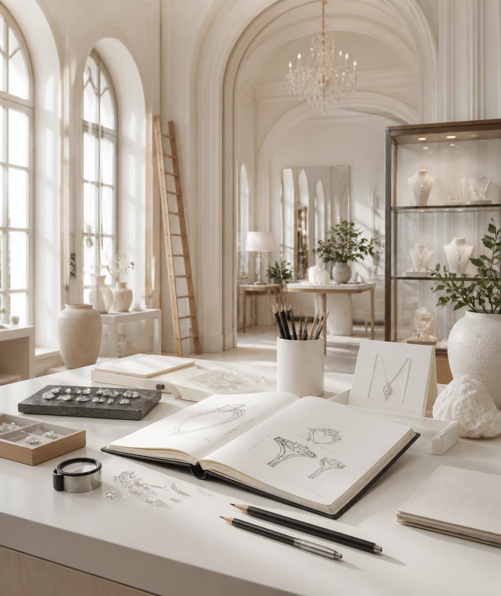 Astrea London bespoke atelier with design book and loose diamonds