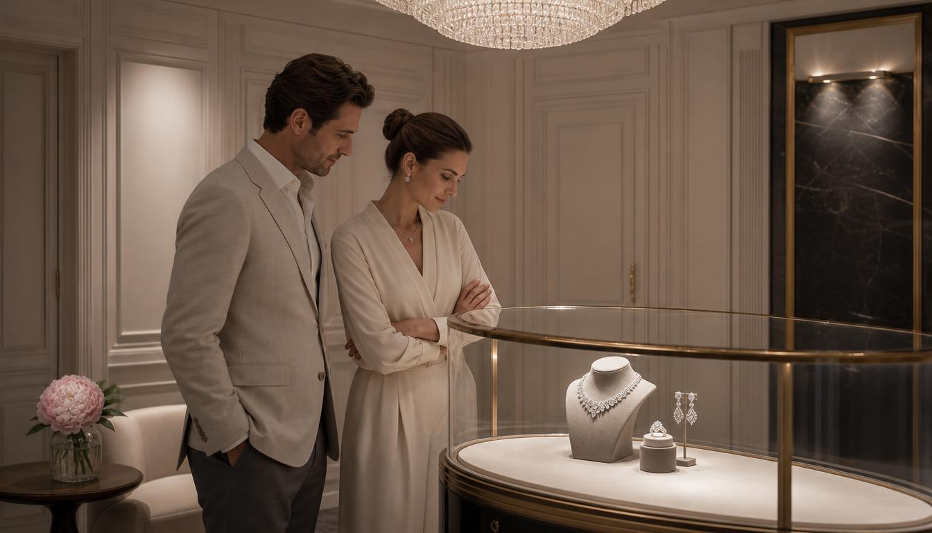 An Astrea London hotel salon at dusk with a lit vitrine of diamond jewellery