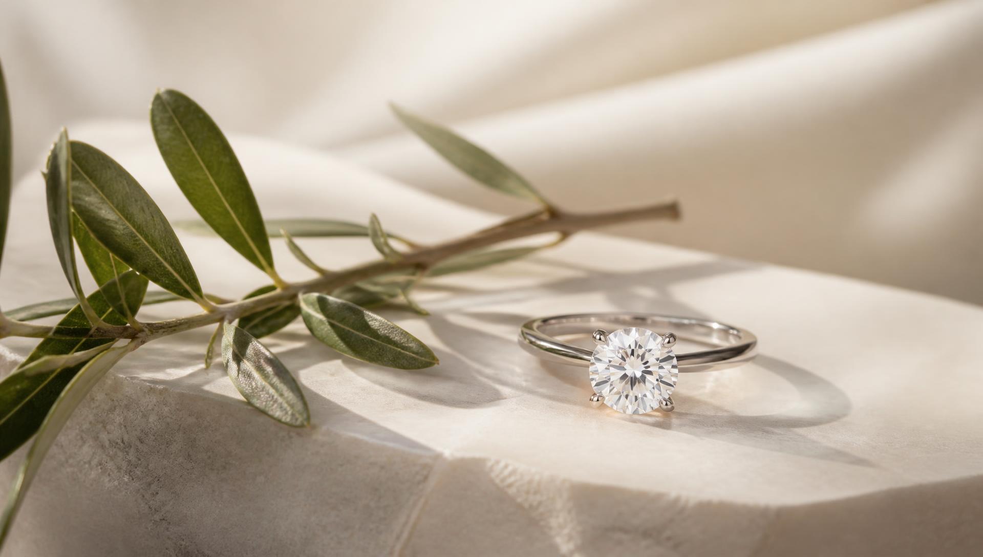 A lab-grown diamond solitaire ring resting on pale stone beside an olive branch