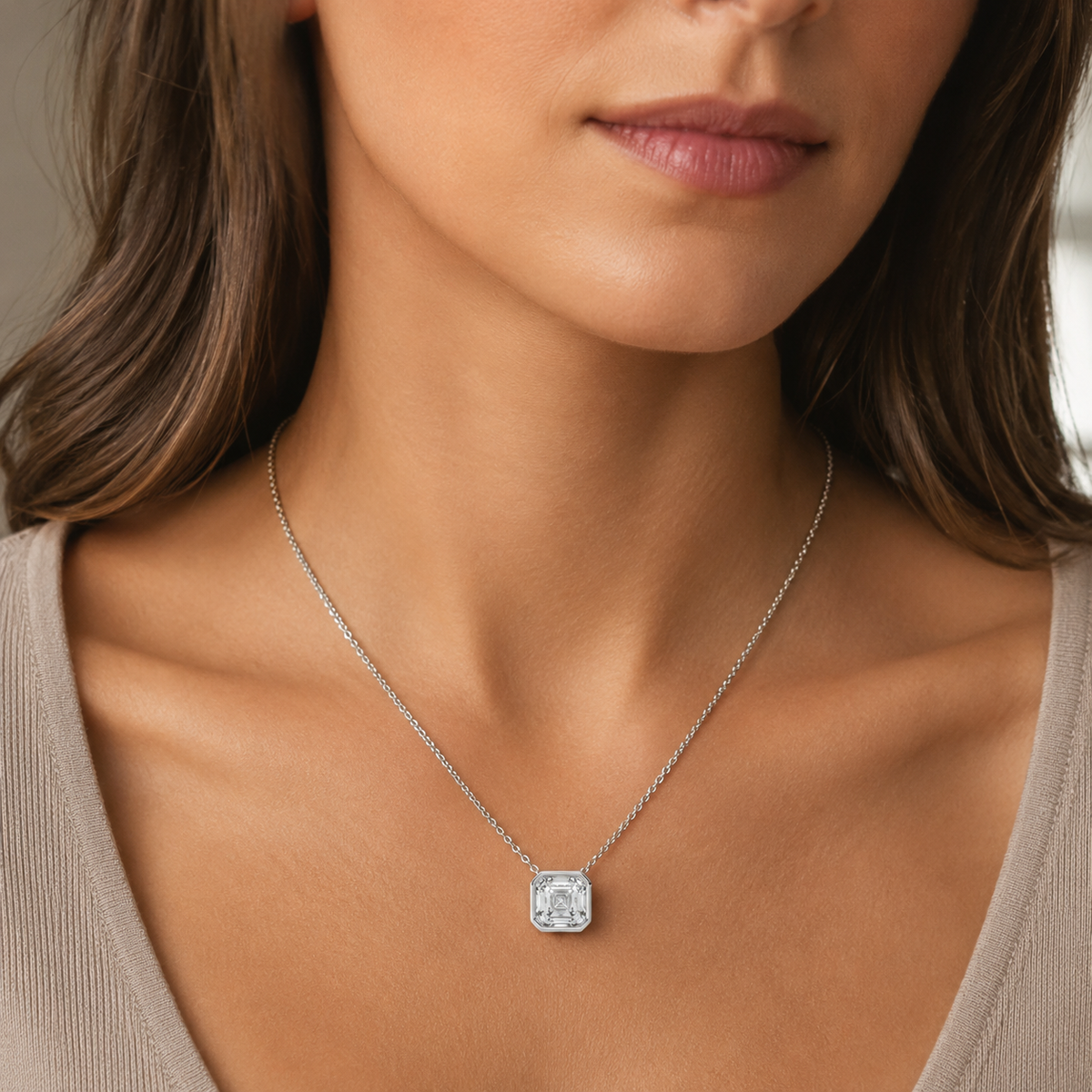 Asscher Cut Bezel Set Pendant 18k Platinum Astrea London