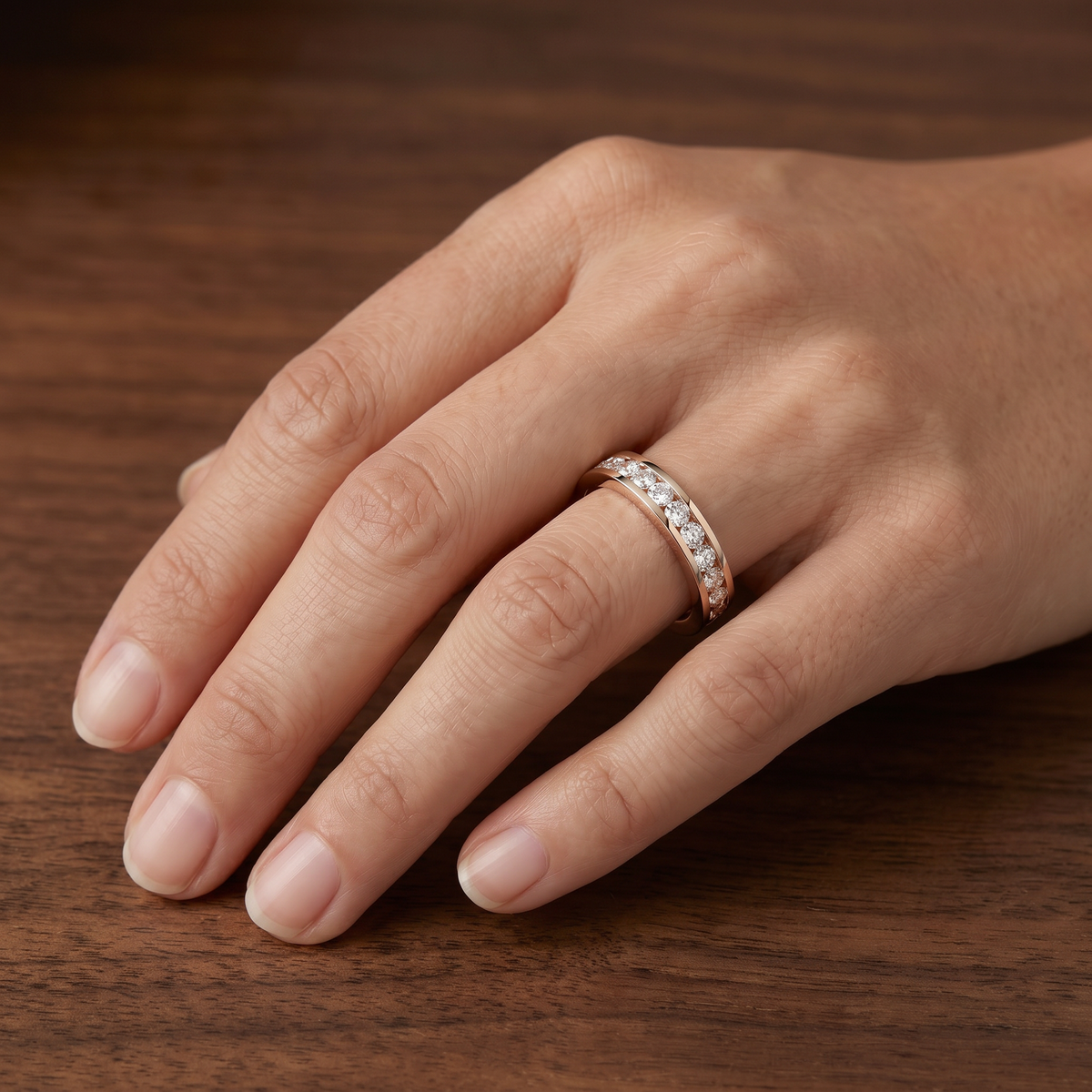 Channel Set Round Brilliant Cut Eternity Ring 18k Rose Gold Astrea London