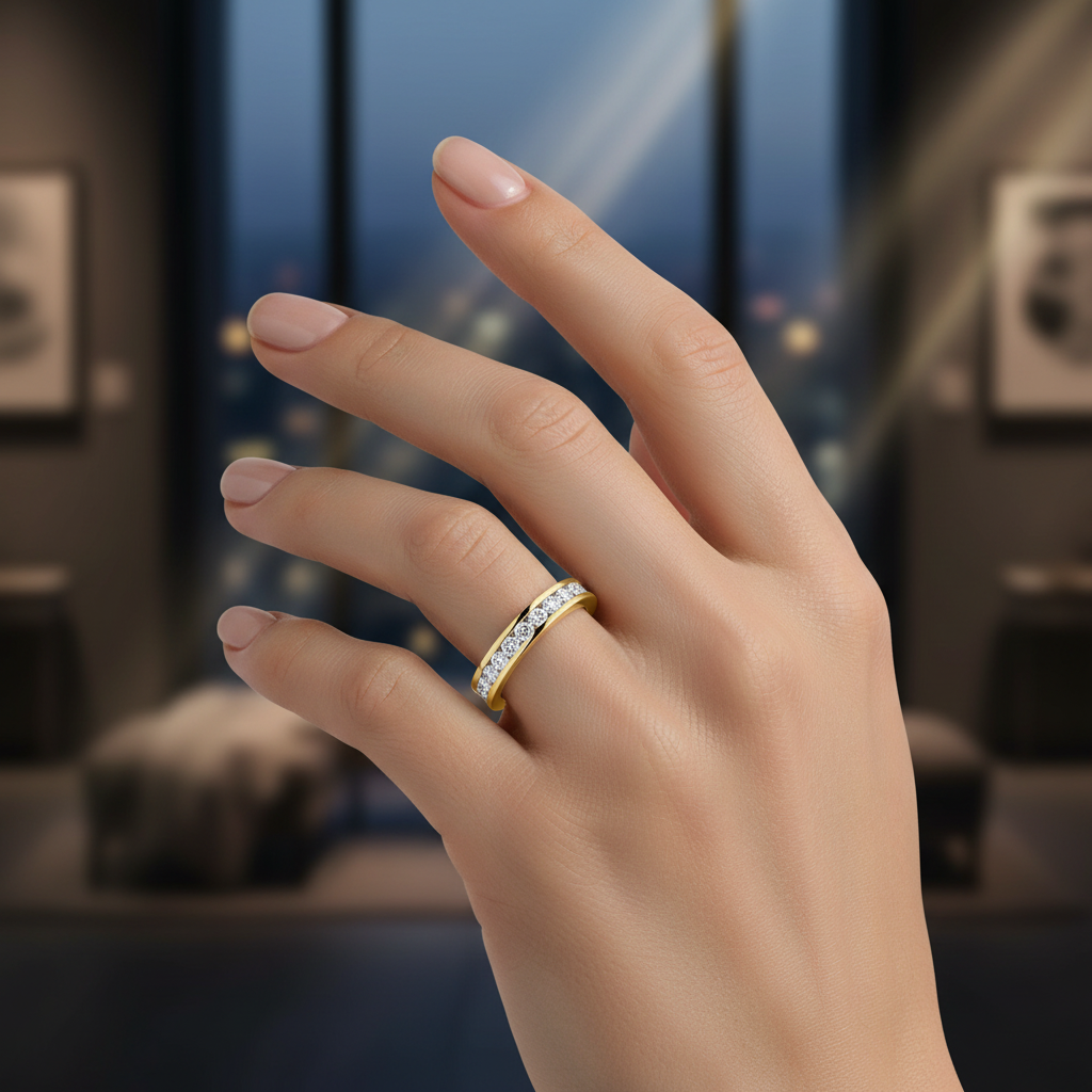 Channel Set Round Brilliant Cut Eternity Ring 18k Yellow Gold Astrea London