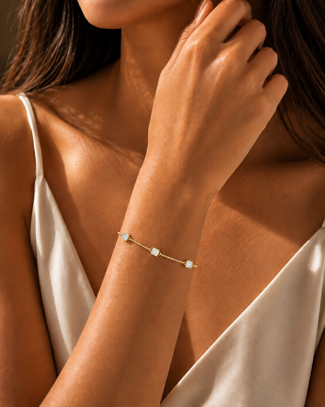 Princess Cut Four Stone Chain Bracelet Yellow Gold