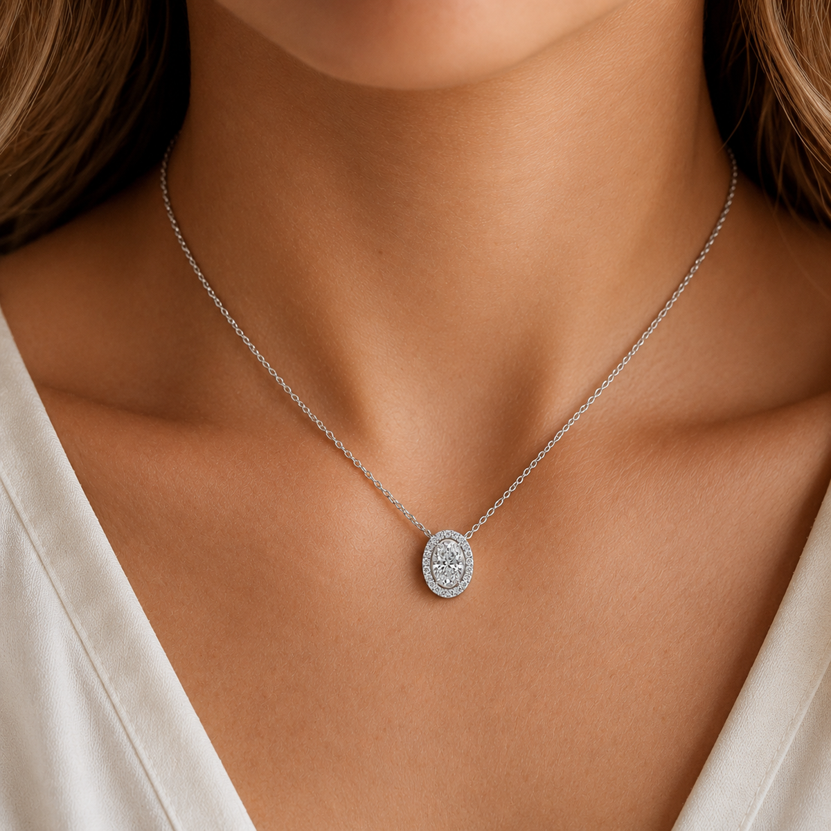 Oval Cut Halo Pendant Platinum