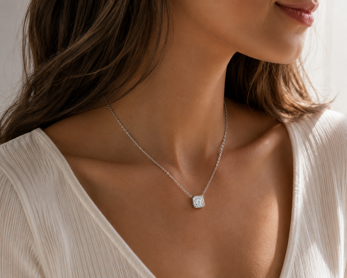 Cushion Cut Bezel Set Pendant 18k White Gold Astrea London