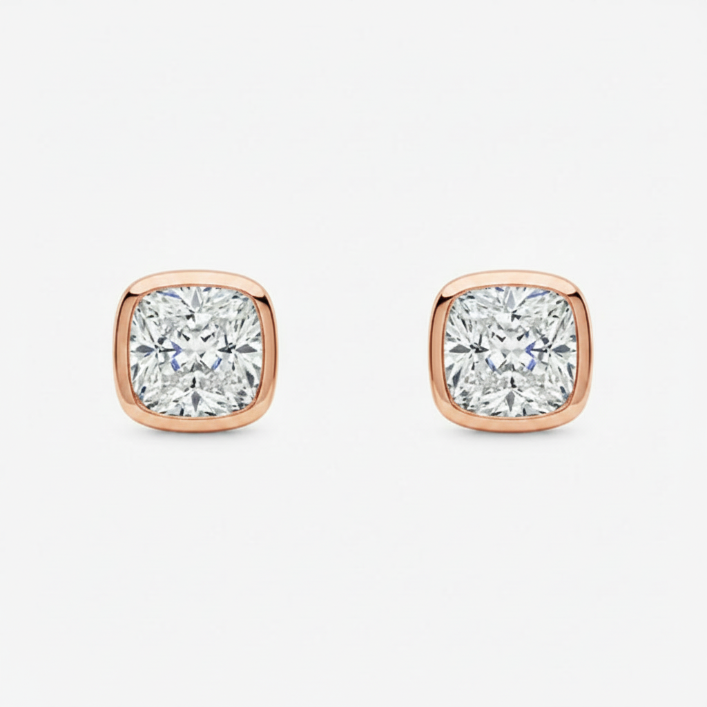 Cushion Cut Bezel Studs 18k Rose Gold Astrea London