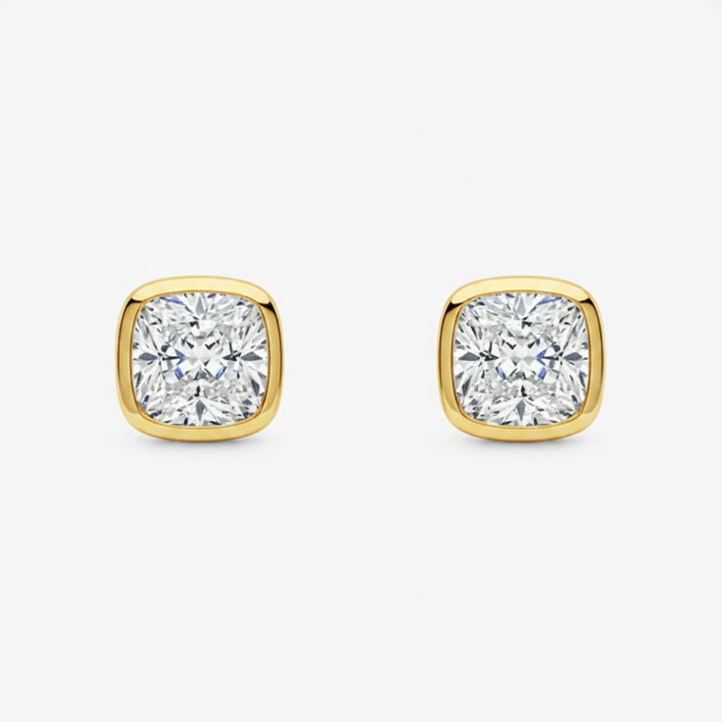 Cushion Cut Bezel Studs 18k Yellow Gold Astrea London