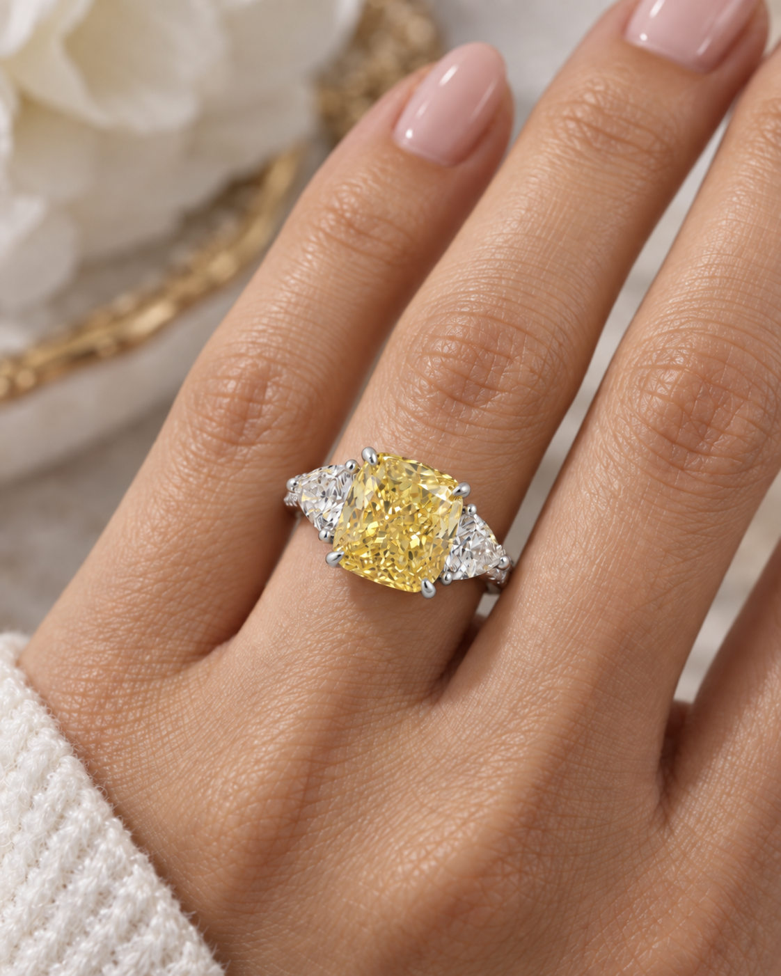 Cushion and Trillion Yellow Diamond Ring  18k whiate gold