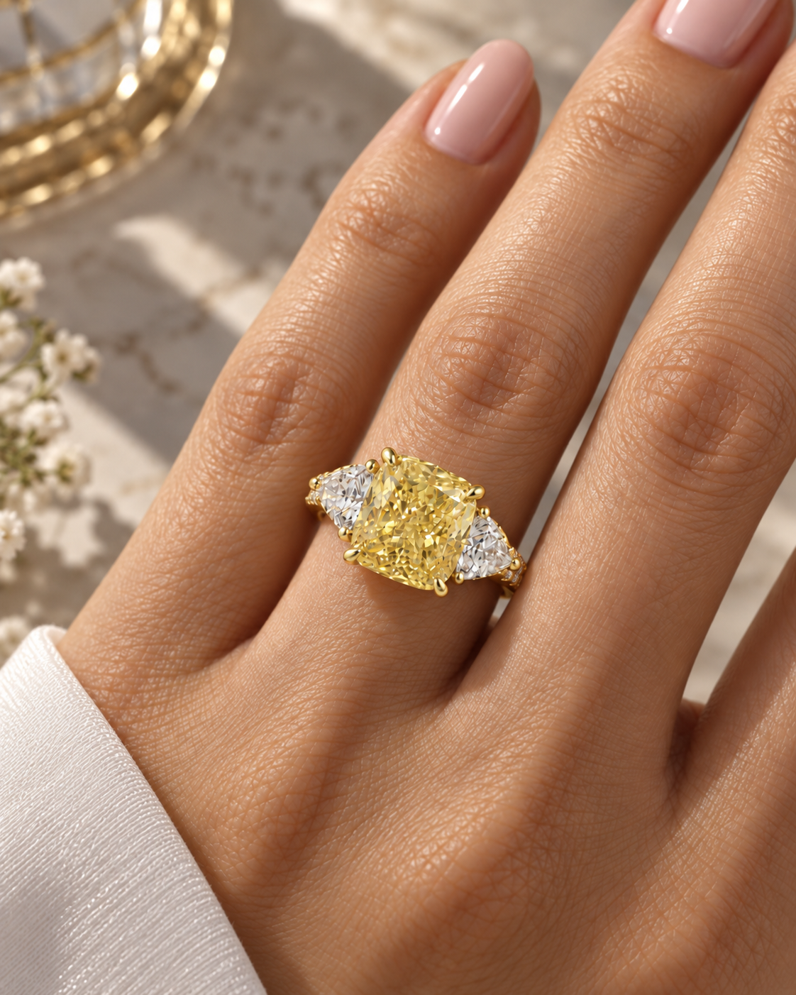 Cushion and Trillion Yellow Diamond Ring worn 18k white gold