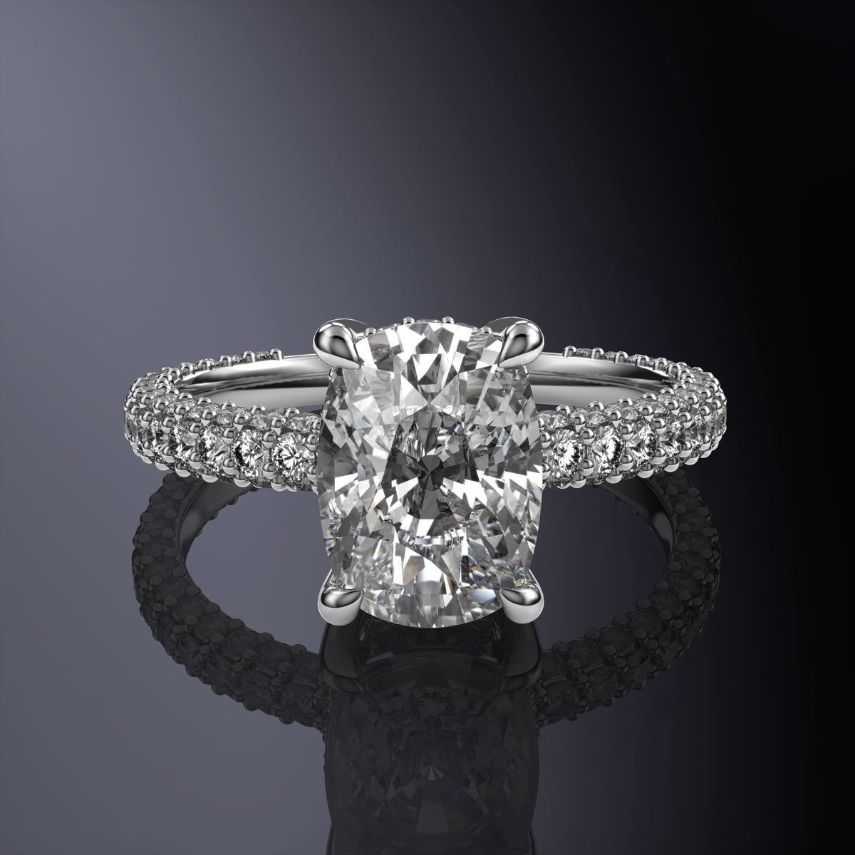 Elongated Cushion Solitaire White Engagement Ring with Hidden Halo and 3 Row Shank
