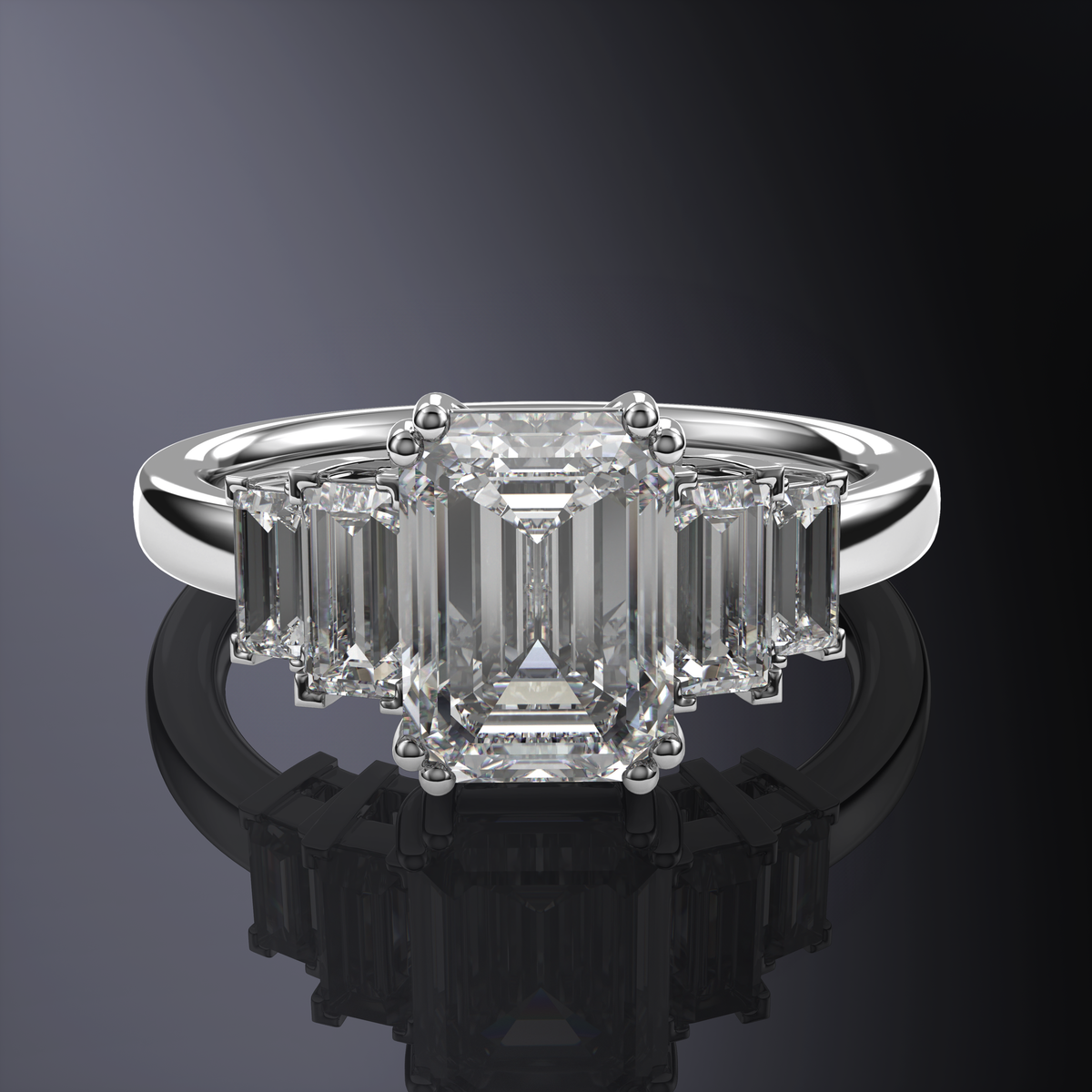 Emerald White Ring with side straight Baguettes