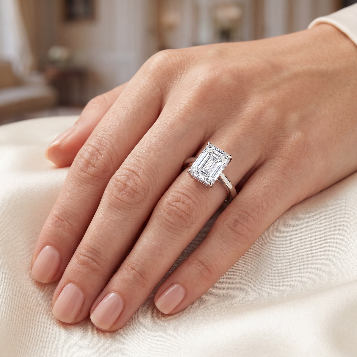 Emerald Cut Statement Ring 18k White Gold Astrea London