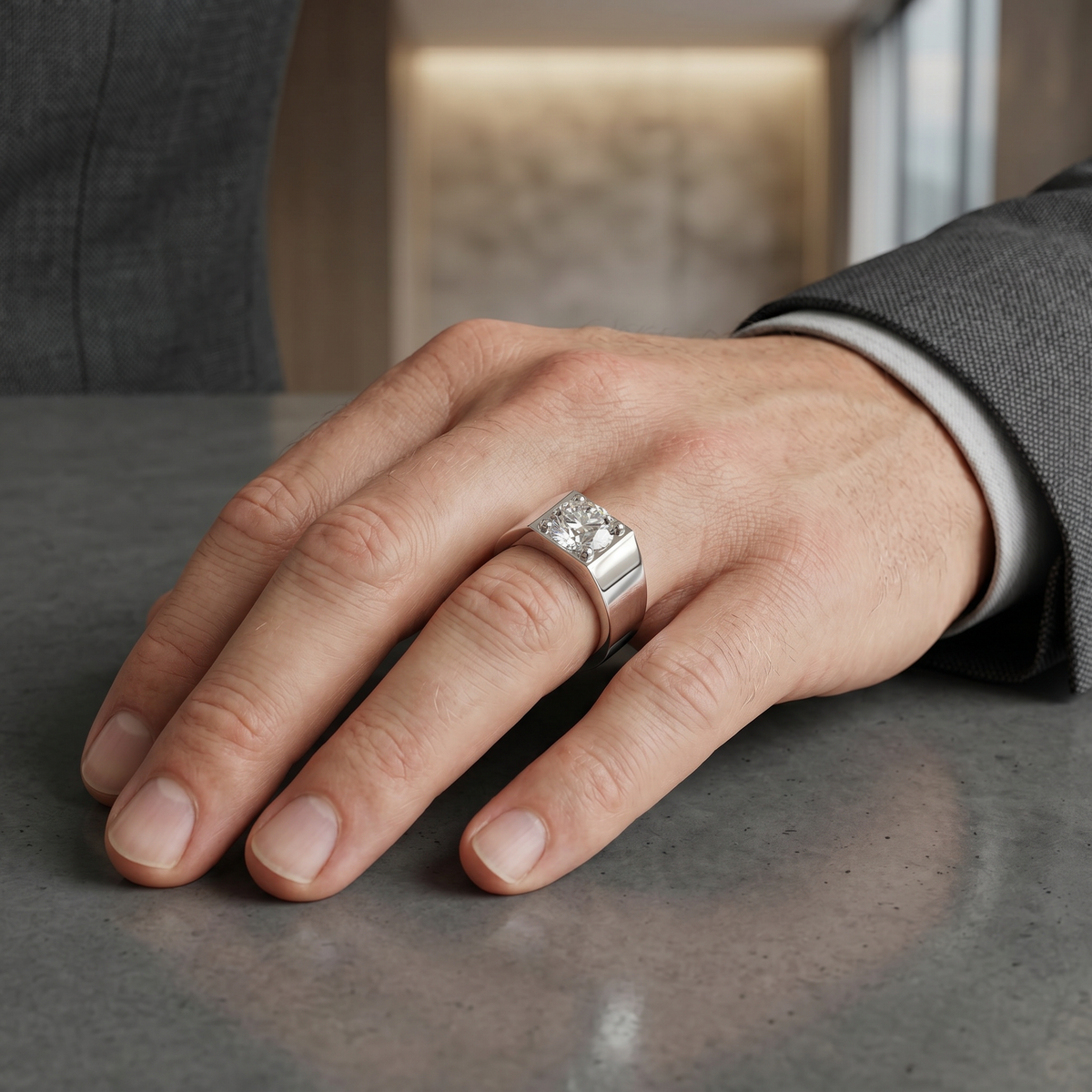 Men's Solitaire Ring 18k White Gold