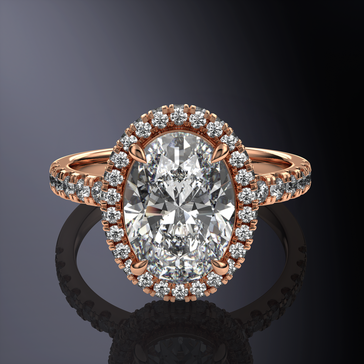 Bague ovale avec halo blanc, halo caché et anneau pavé — vue 10