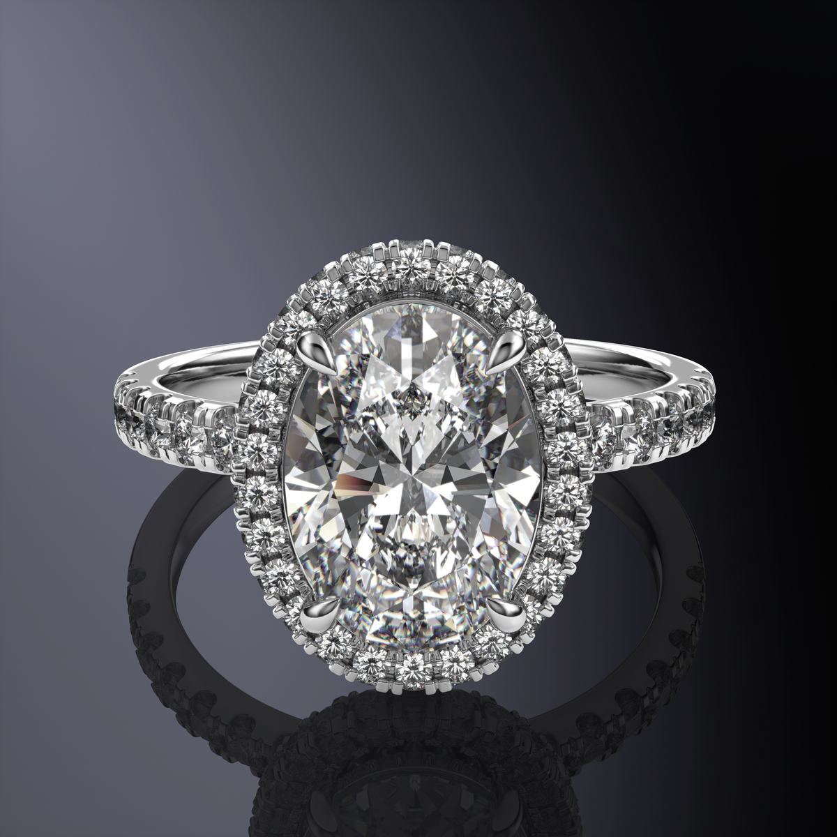Bague ovale avec halo blanc, halo caché et anneau pavé