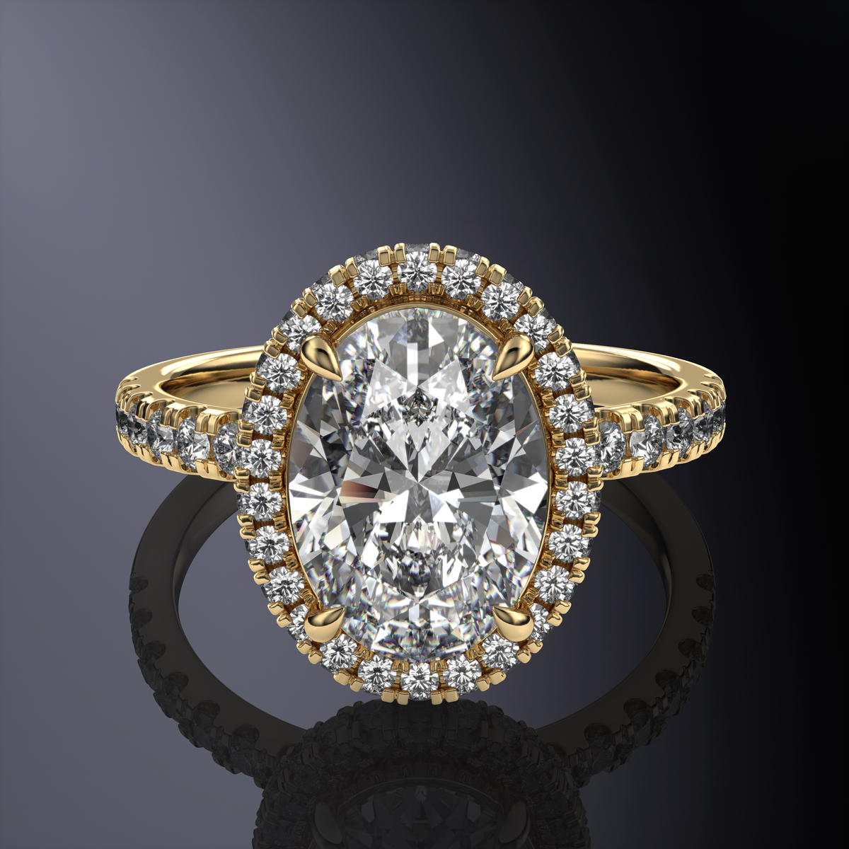 Bague ovale avec halo blanc, halo caché et anneau pavé — vue 10