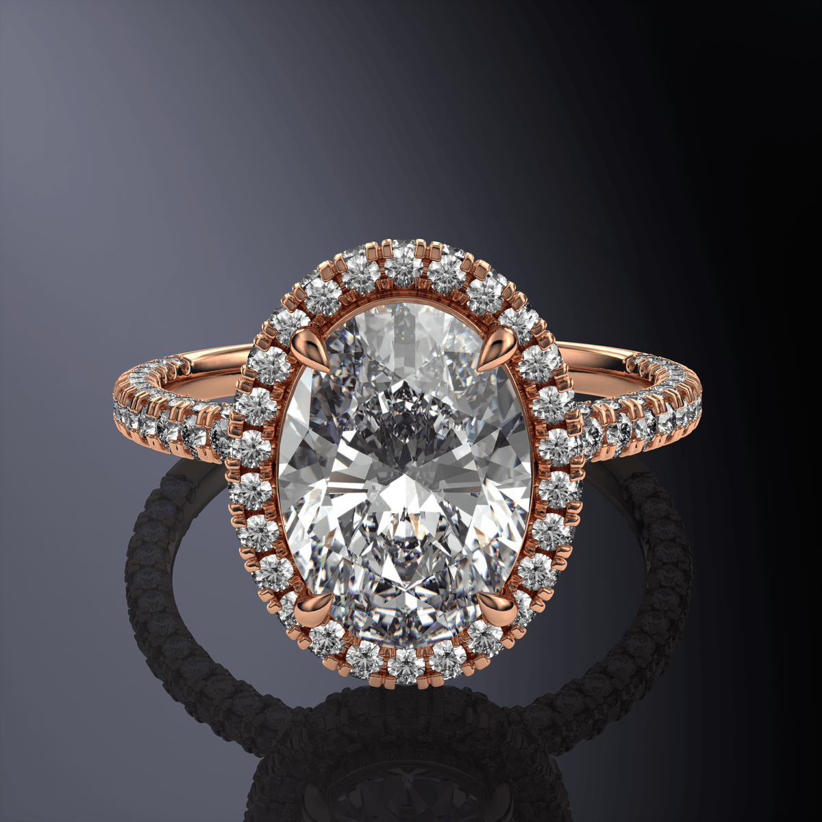 Bague Ovale en Or Blanc avec Halo Caché et Pavage sur Trois Côtés — vue 10