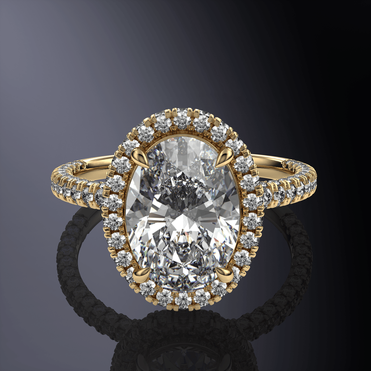 Bague Ovale en Or Blanc avec Halo Caché et Pavage sur Trois Côtés — vue 10