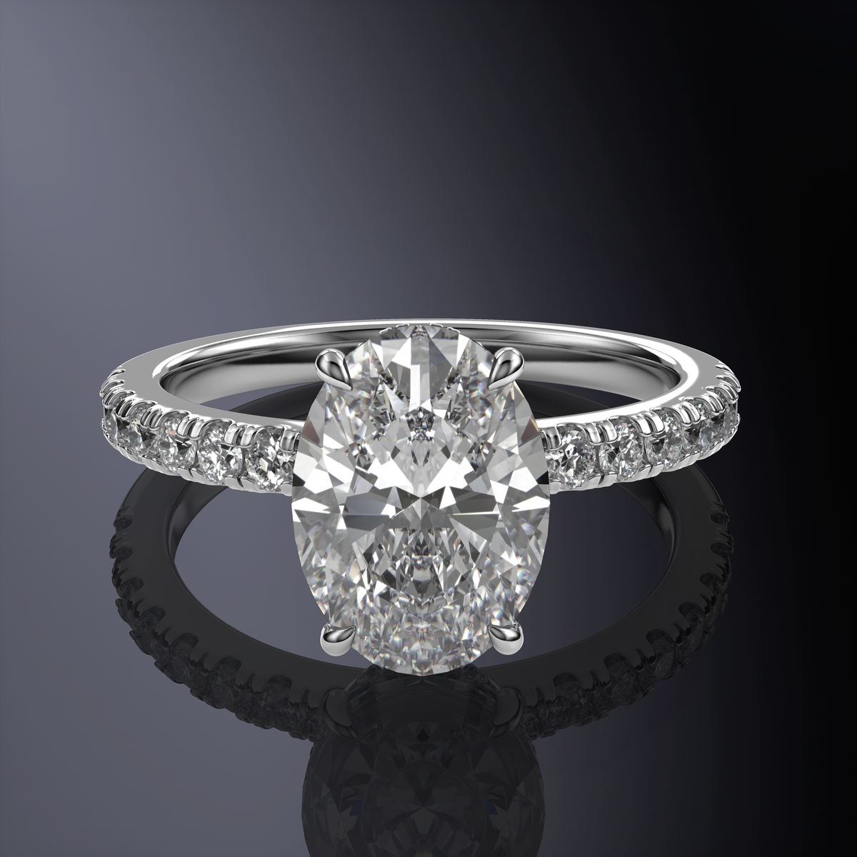 Oval Hidden Halo White Ring with pave on band