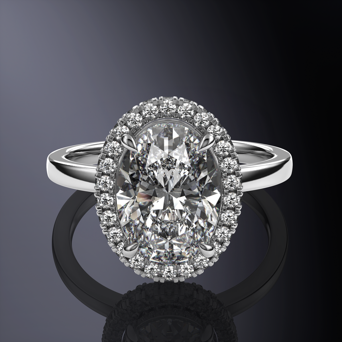Bague ovale solitaire halo blanc avec halo caché