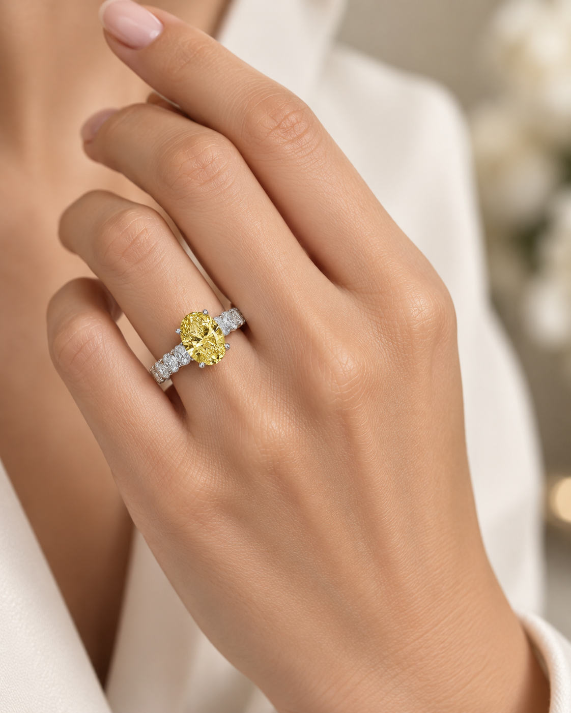 Oval Cut Yellow Diamond Engagement Ring 18k white gold
