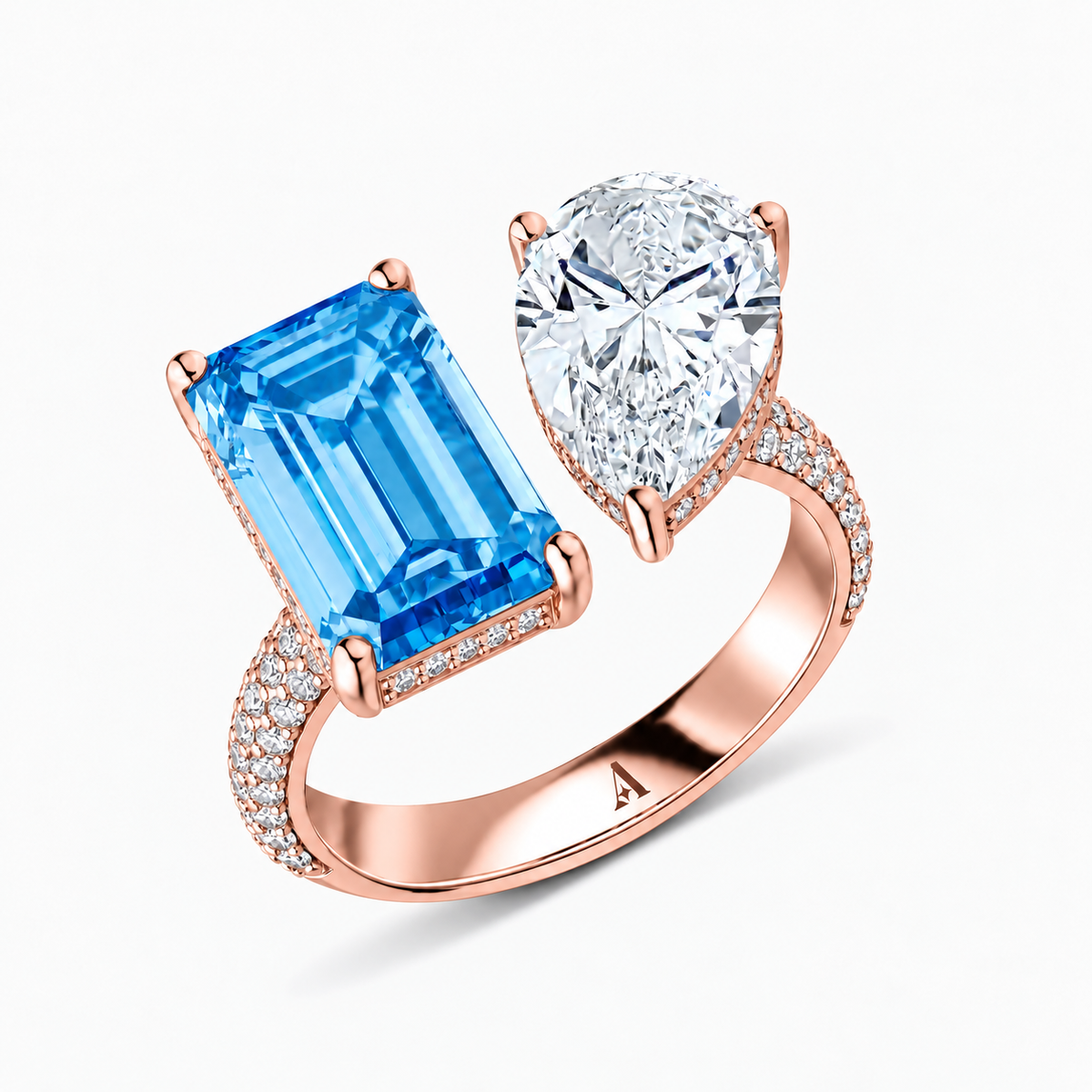 Pear and Emerald Cut Blue Diamond Ring 18k Rose Gold