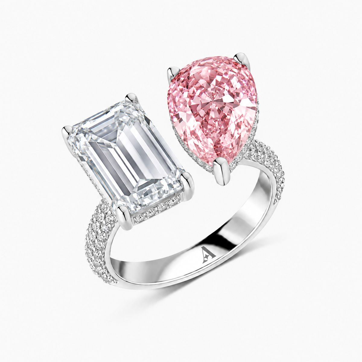 Pear and Emerald Cut Pink Diamond Ring 18k white gold 20
