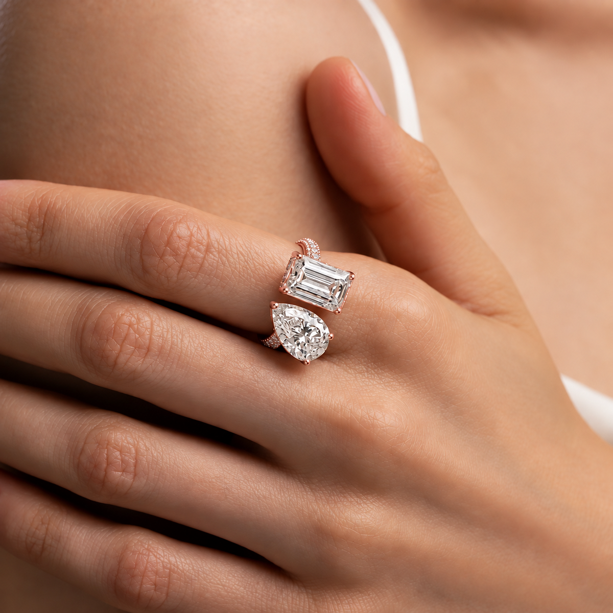 Pear and Emerald Cut Ring 18k Rose GOld