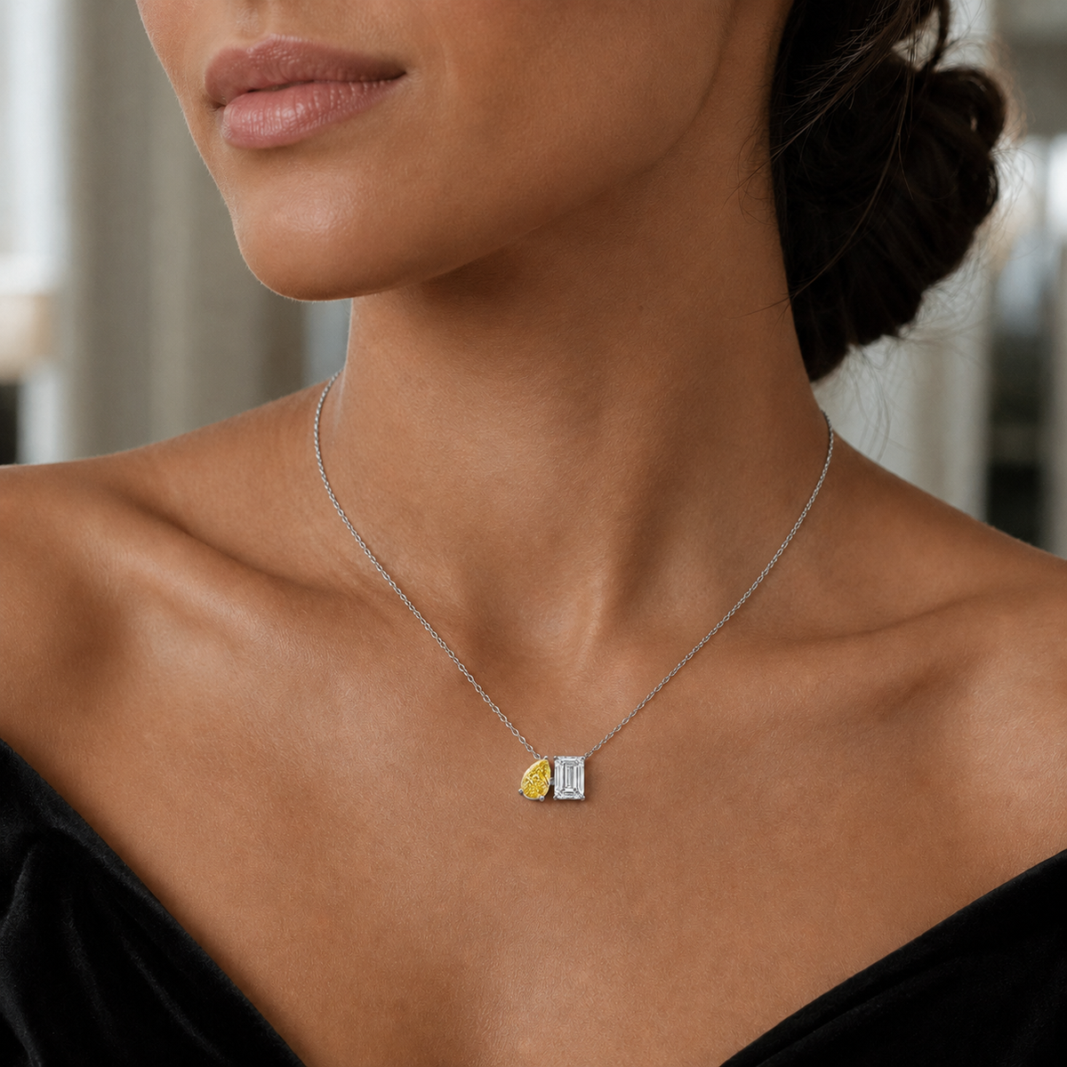 Pear and Emerald Cut Yellow and White Diamond Pendant 18k White Gold