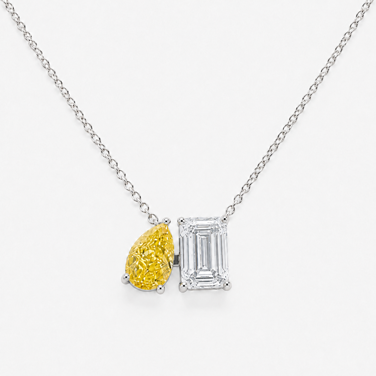 Pear and Emerald Cut Yellow and White Diamond Pendant 18k White Gold