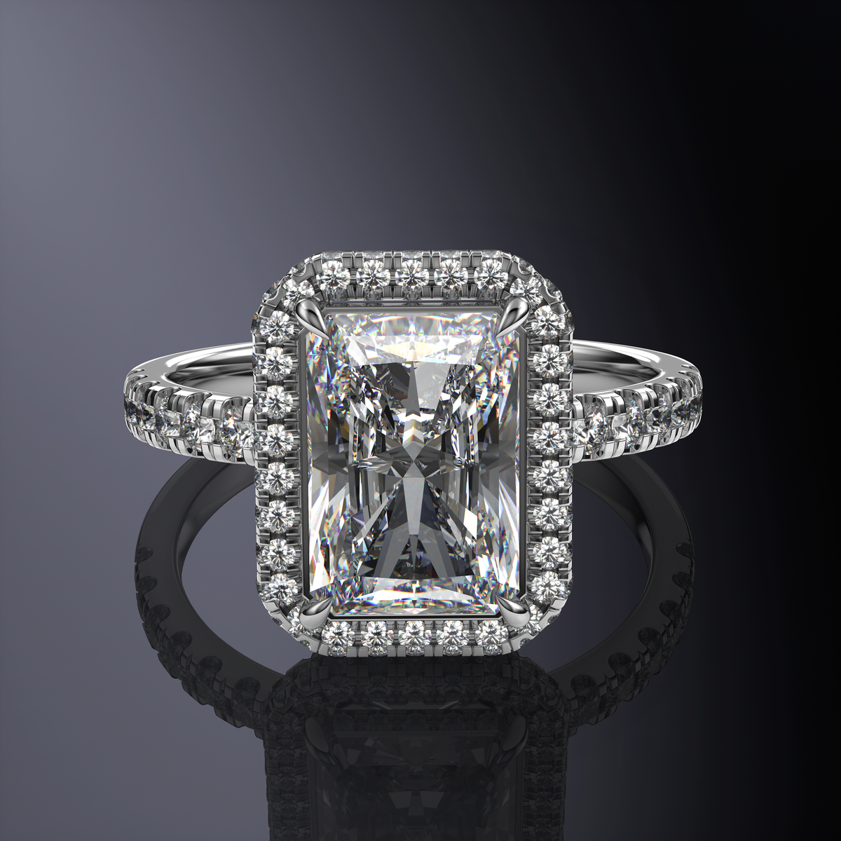 Bague auréole radieuse blanche avec auréole cachée et anneau pavé