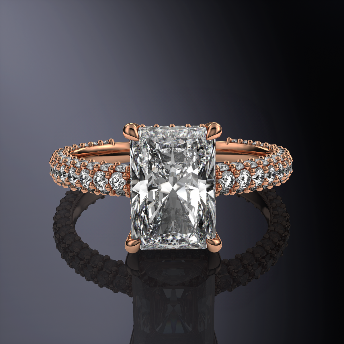 Bague de Fiançailles Solitaire Radiant Blanche avec Halo Caché et Corps à Trois Rangs — vue 10