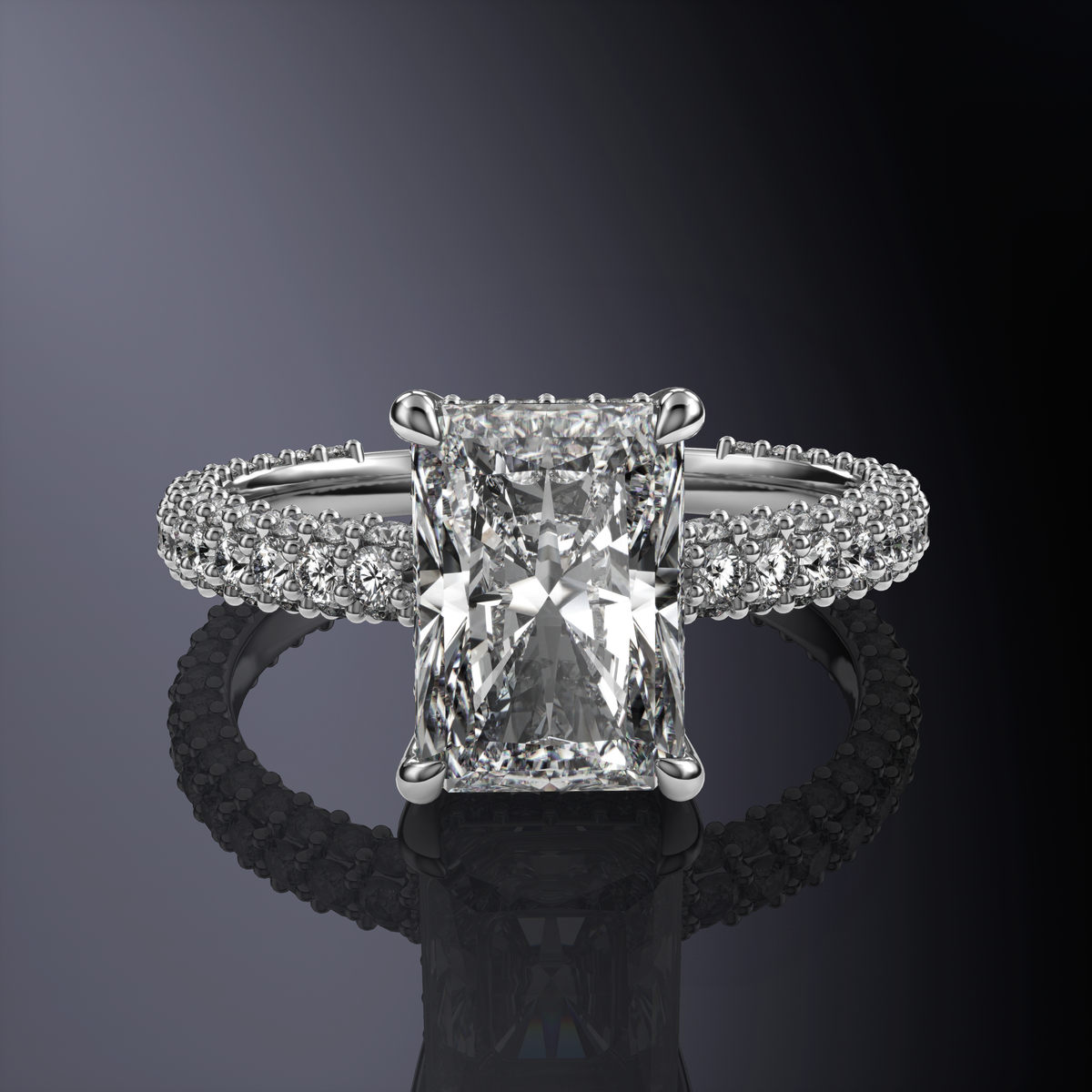 Radiant Solitaire Engagement Ring White with Hidden Halo and 3 row shank