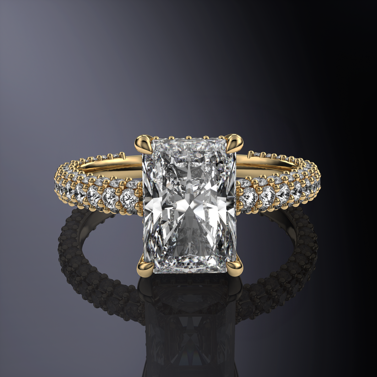 Bague de Fiançailles Solitaire Radiant Blanche avec Halo Caché et Corps à Trois Rangs — vue 10