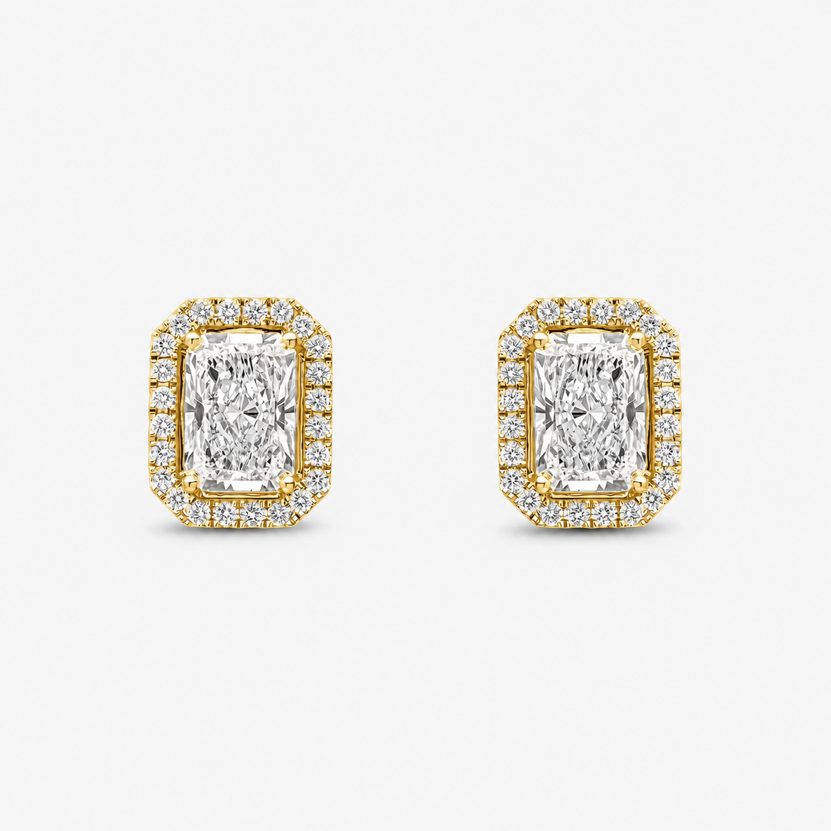Radiant Cut Halo Studs 18k Yellow Gold Astrea London