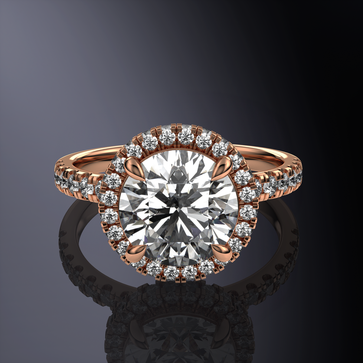 Bague solitaire halo ronde blanche avec halo caché et 1 rangée pavée — vue 10