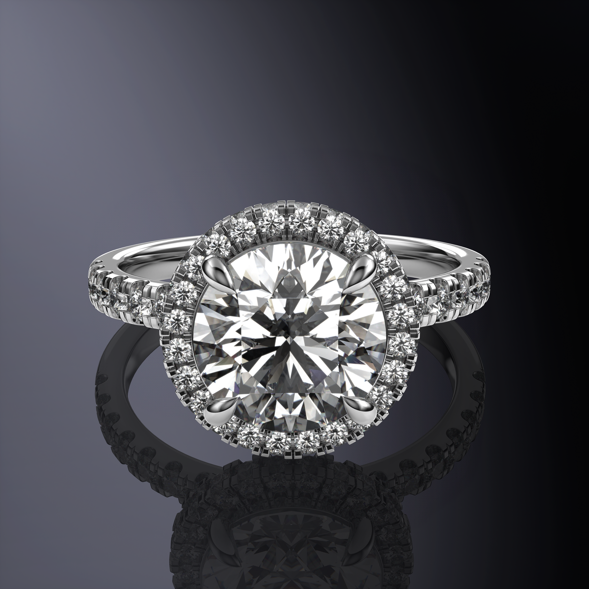 Bague solitaire halo ronde blanche avec halo caché et 1 rangée pavée — vue 10