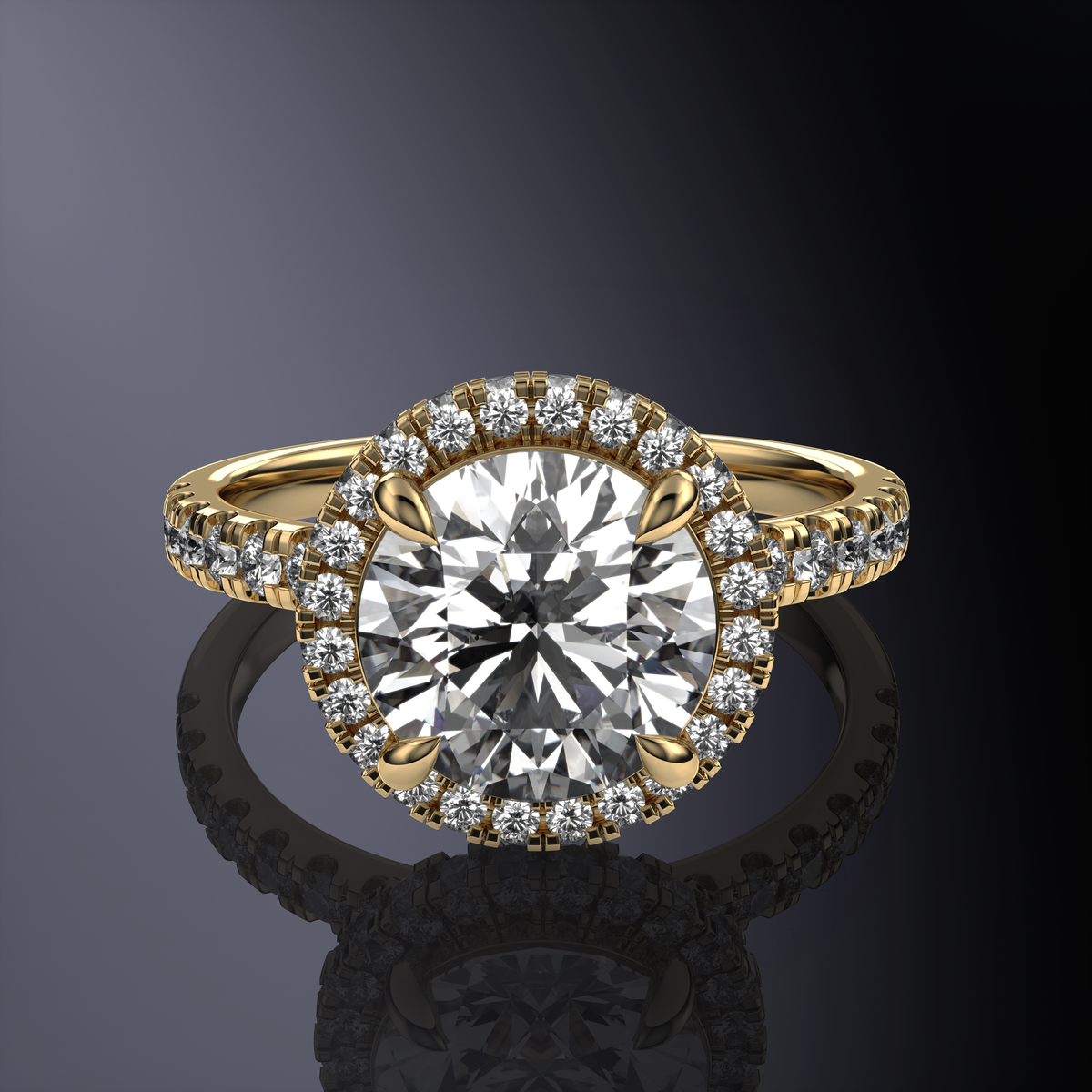Bague solitaire halo ronde blanche avec halo caché et 1 rangée pavée — vue 10