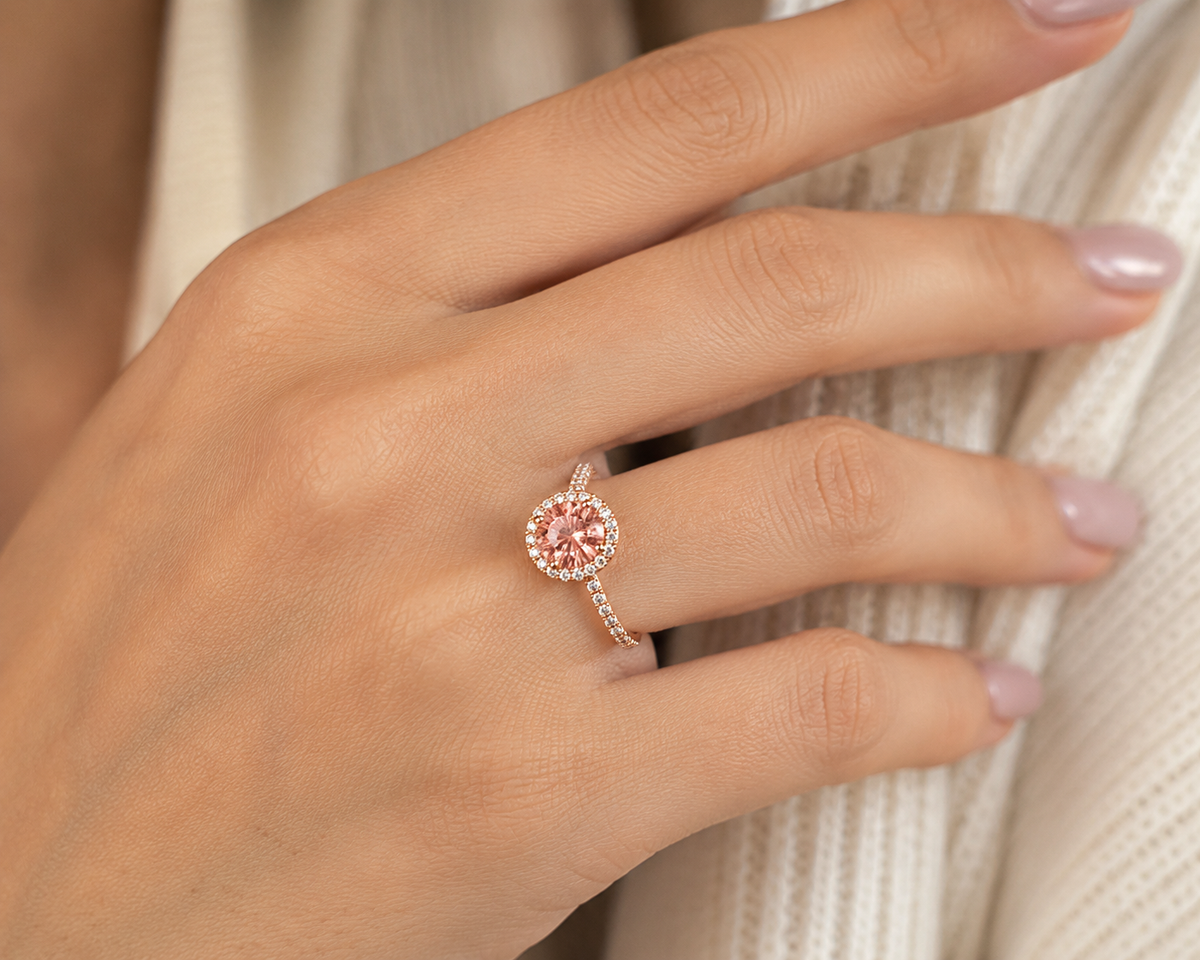 Round Cut Pink Halo Ring 18k Rose Gold Astrea London