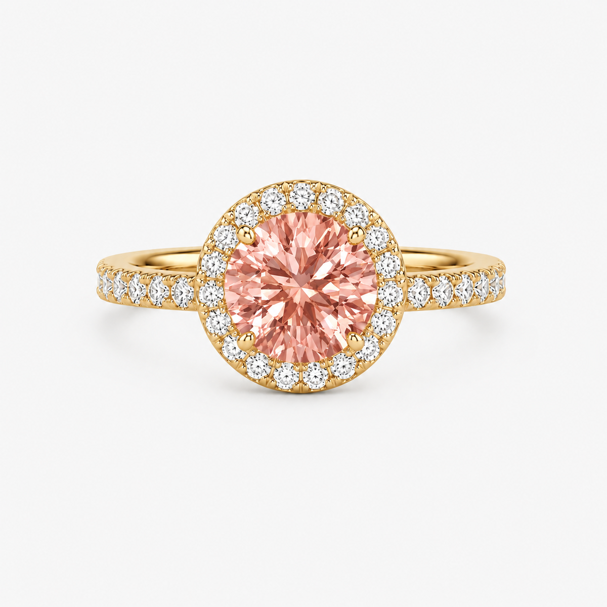 Round Cut Pink Halo Ring 18k Yellow Gold Astrea London