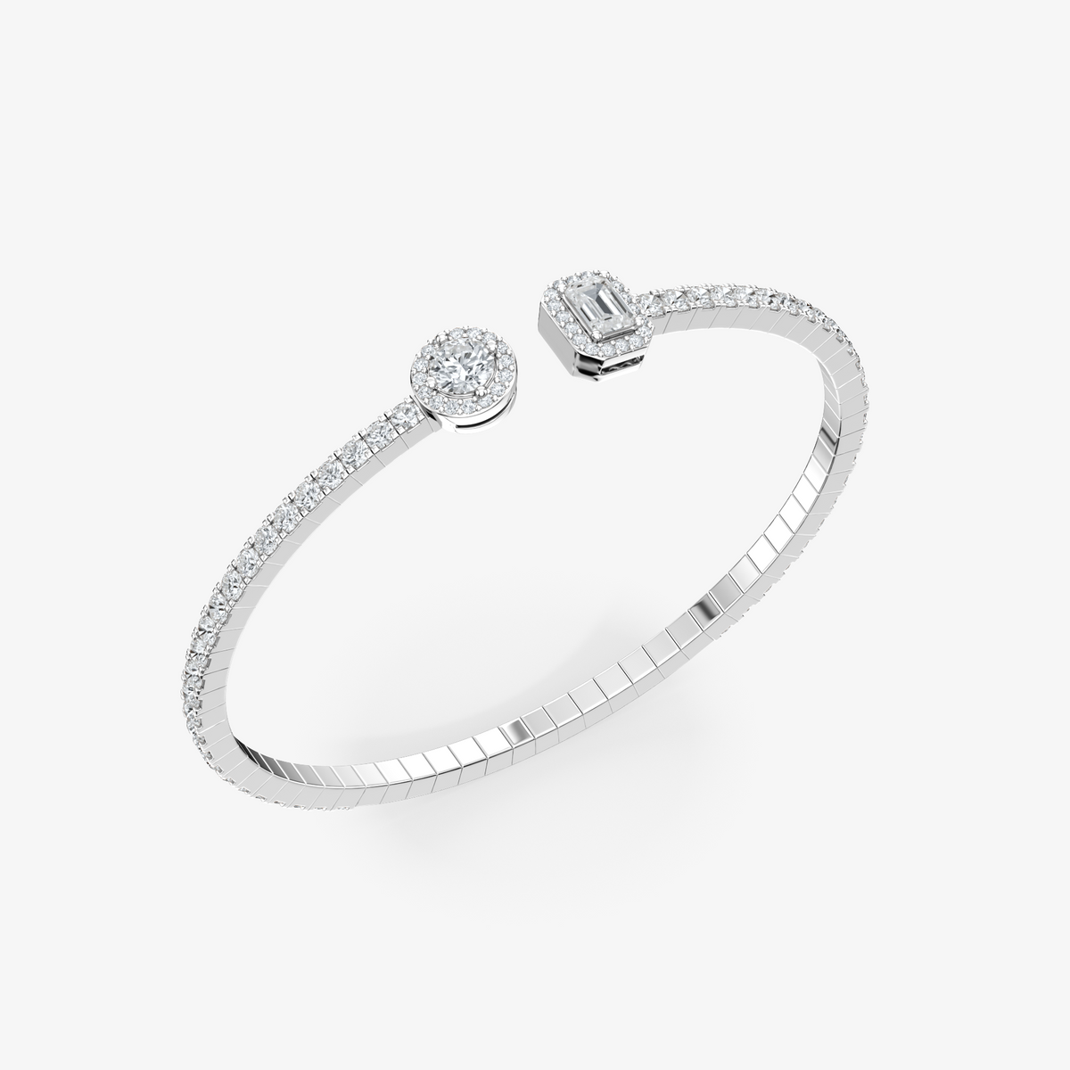 Round & Emerald Diamond Halo Bangle 18k White Gold Astrea London