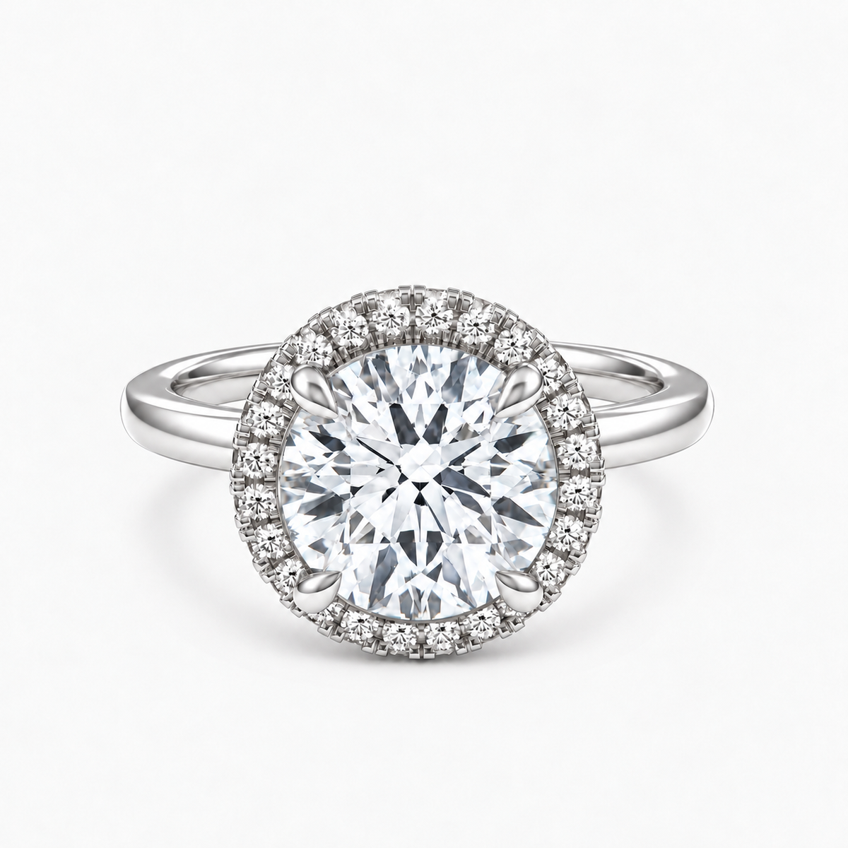 Round Solitaire Halo White Ring with Hidden Halo 18k White Gold