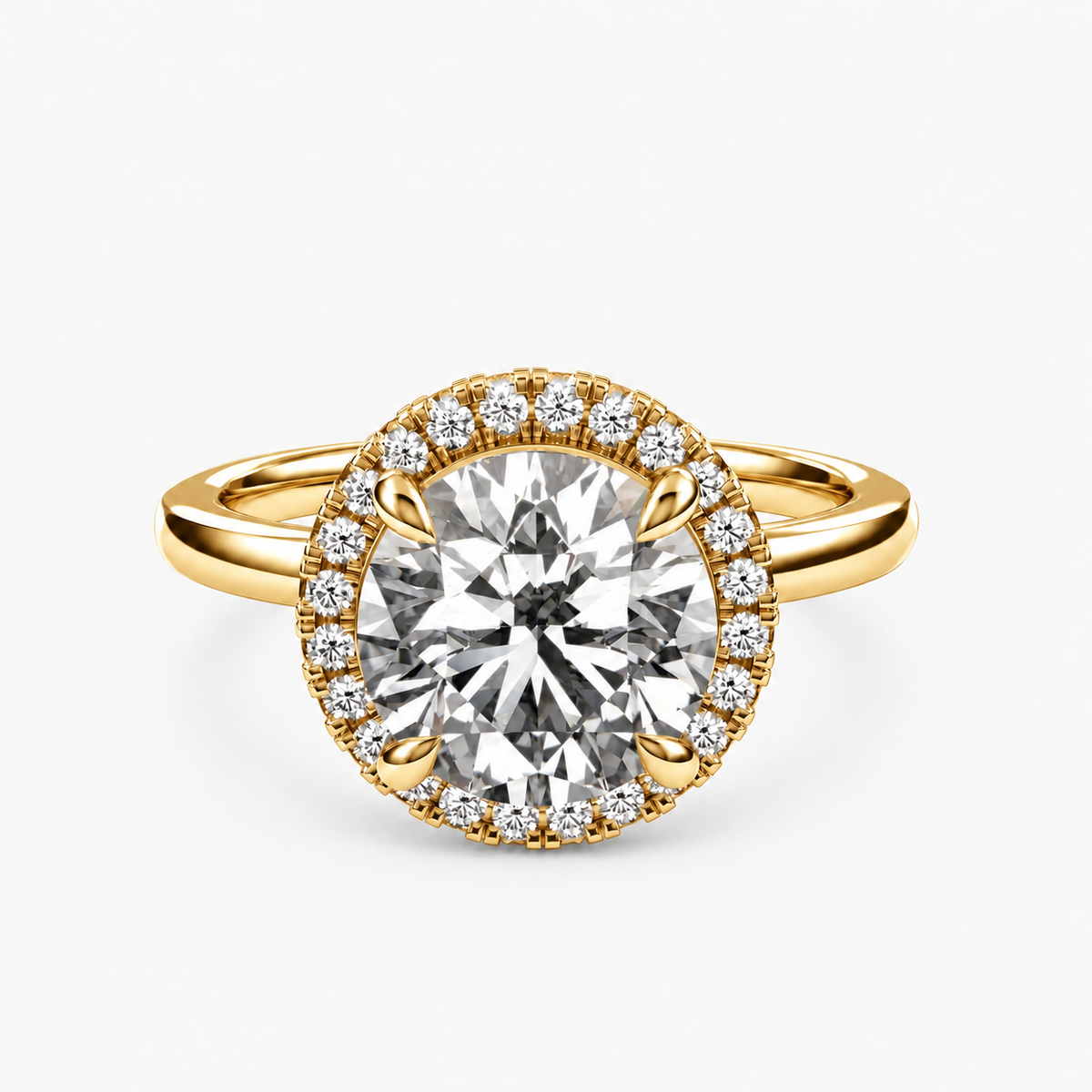 Round Solitaire Halo White Ring with Hidden Halo 18k Yellow Gold