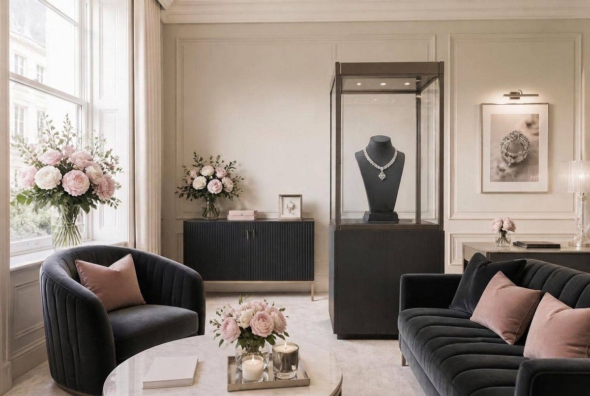 Un salon privé Astrea London, un collier de diamants présenté sous verre