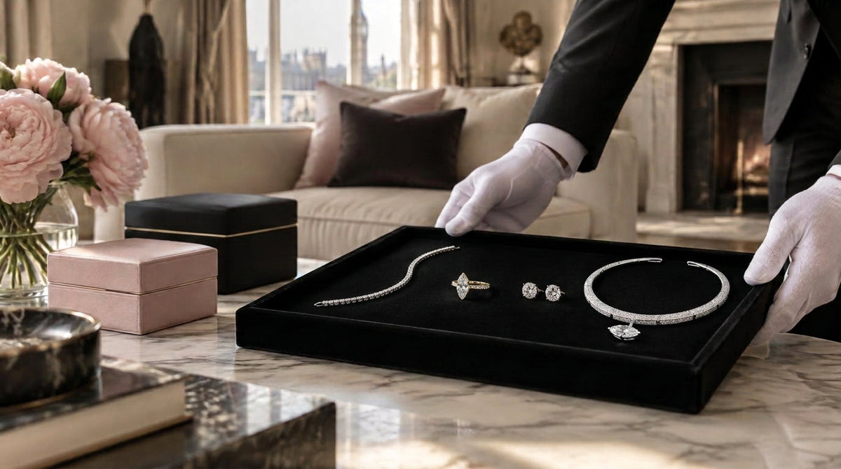 A private jewellery presentation in an elegant living room